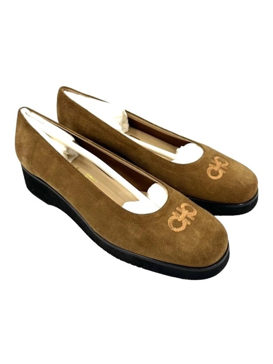Salvatore Ferragamo Shoes - NEW Salvatore Ferragamo Suede Logo Wedge Shoes Womens 5.5 Reg Width Tan Brown
